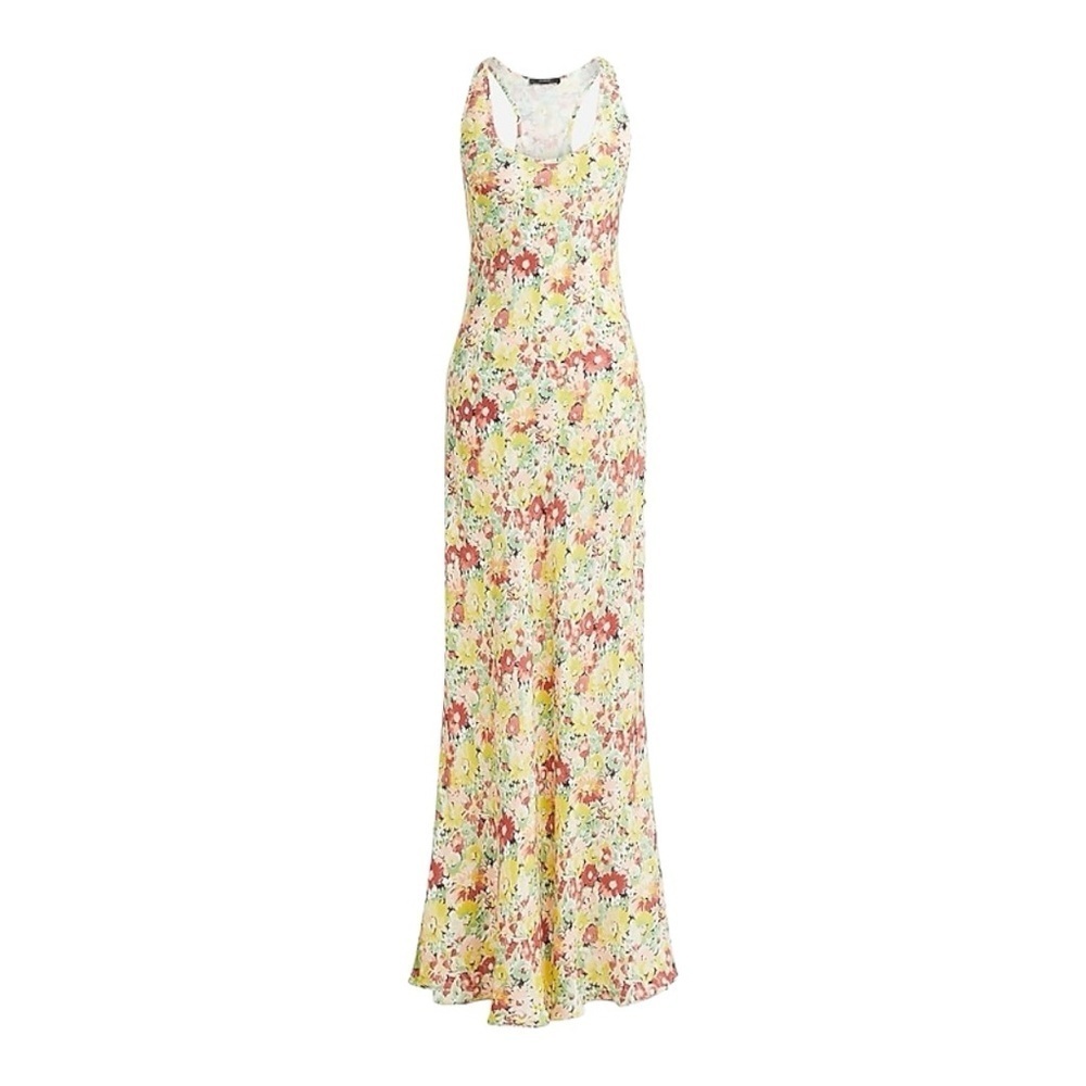 Alicia Yellow Painterly Floral Cupro-Blend Racerback Maxi Slip Dress Size 16